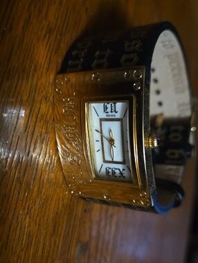 L.A.M.B. Gold-Tone Rectangular Dial Women's Watch with Black Band